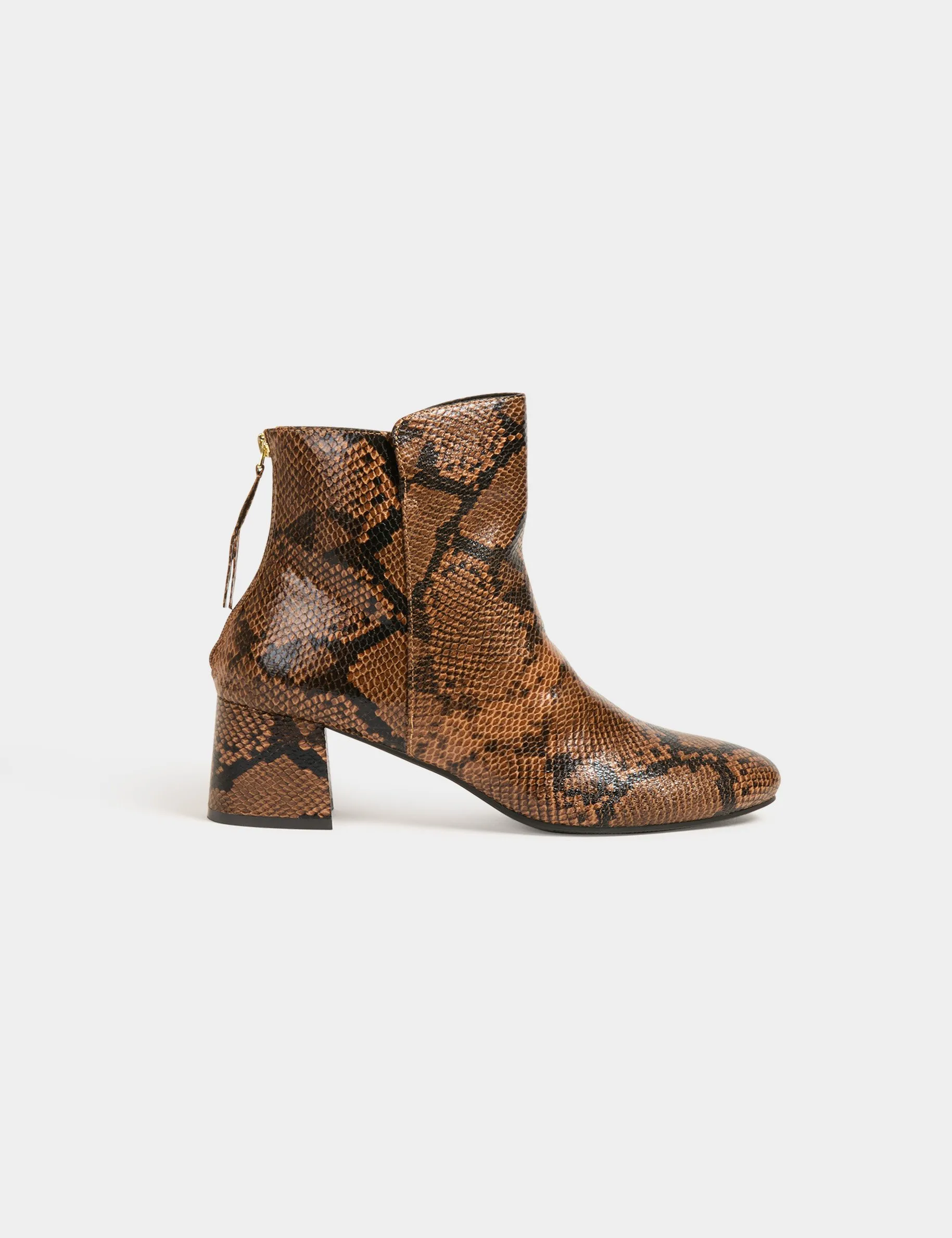 Snake print heeled boots beige women