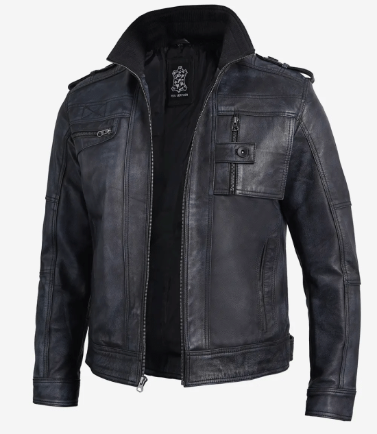 Tavares Men's Distressed Black Leather Biker Jacket