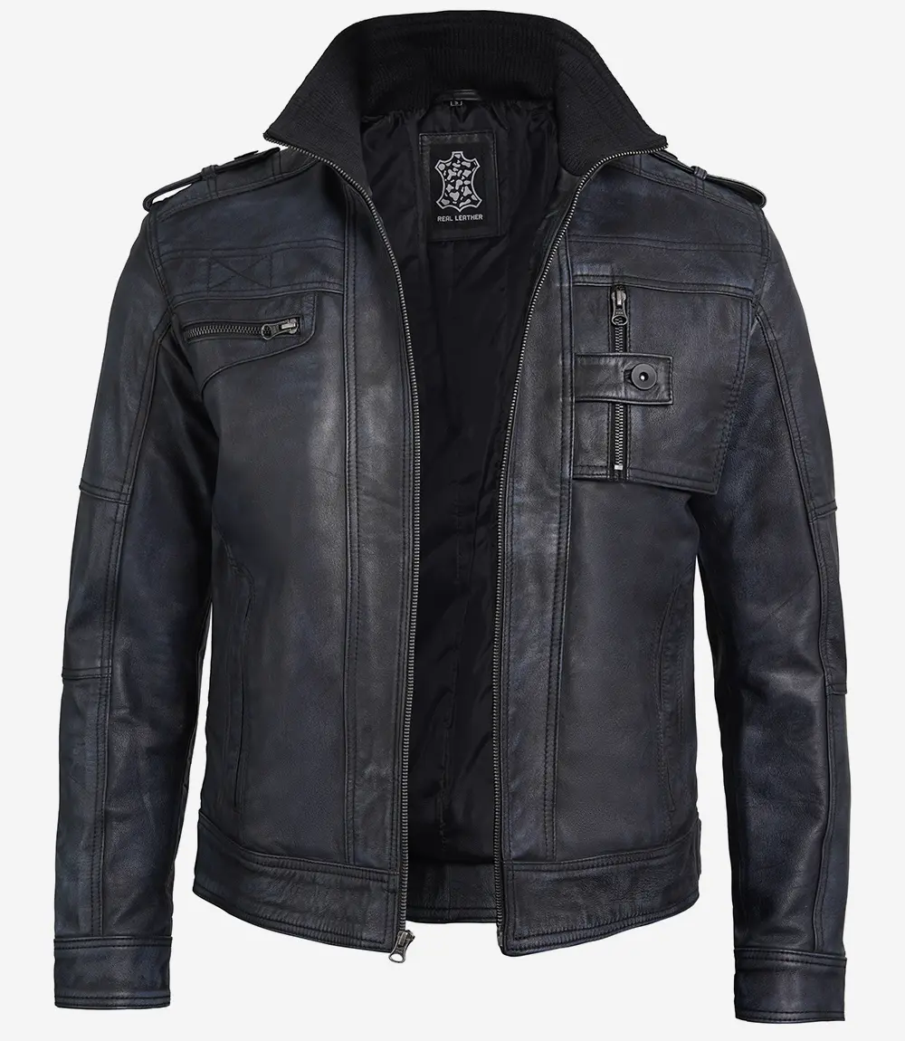 Tavares Men's Distressed Black Leather Biker Jacket