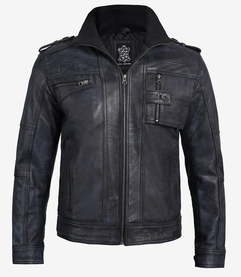 Tavares Men's Distressed Black Leather Biker Jacket