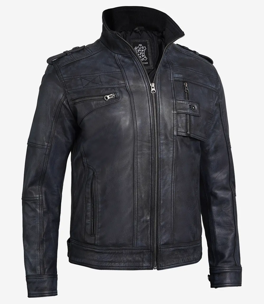 Tavares Men's Distressed Black Leather Biker Jacket