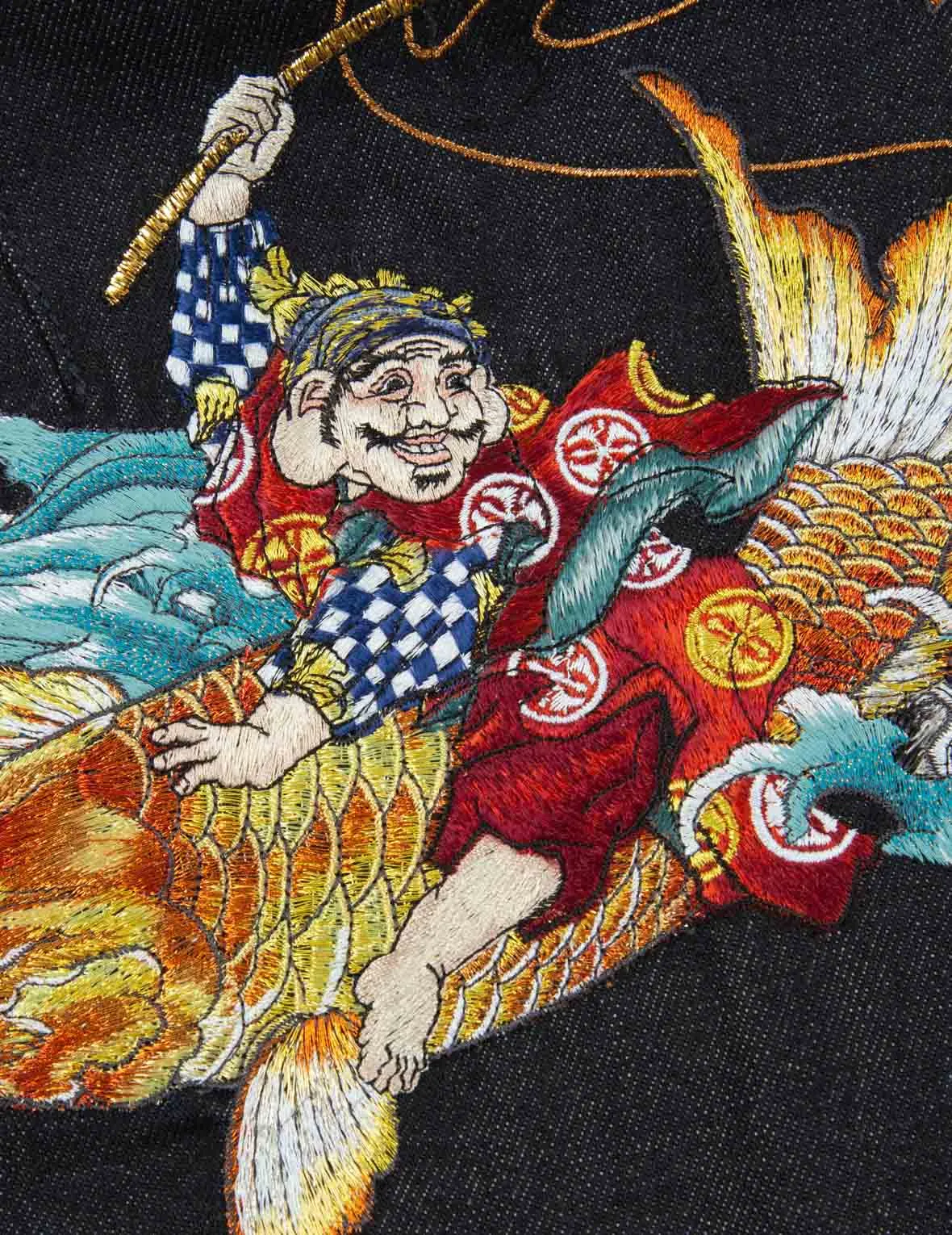 “The God of Fortune Riding Waves” Daicock Embroidery Denim Jacket