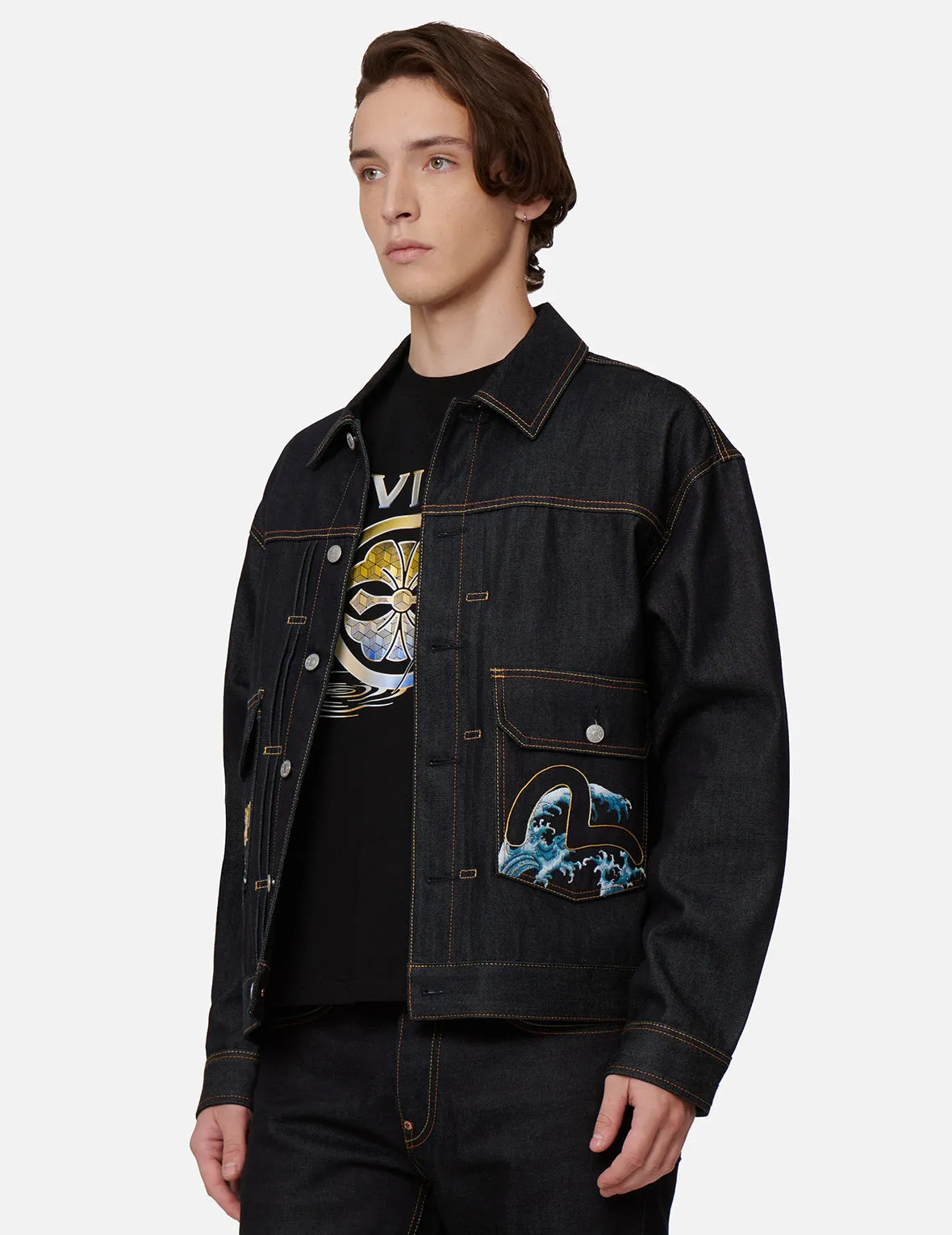 “The God of Fortune Riding Waves” Daicock Embroidery Denim Jacket