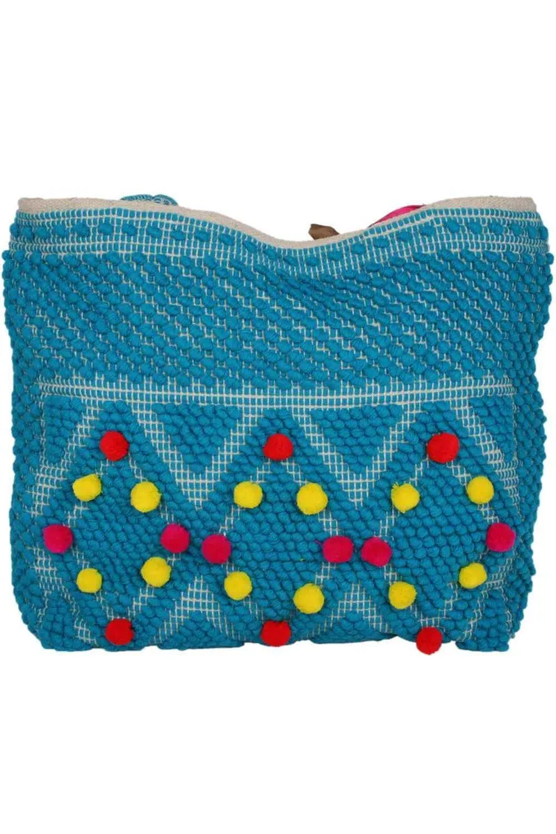 Turquoise Pom Pom Tote Bag