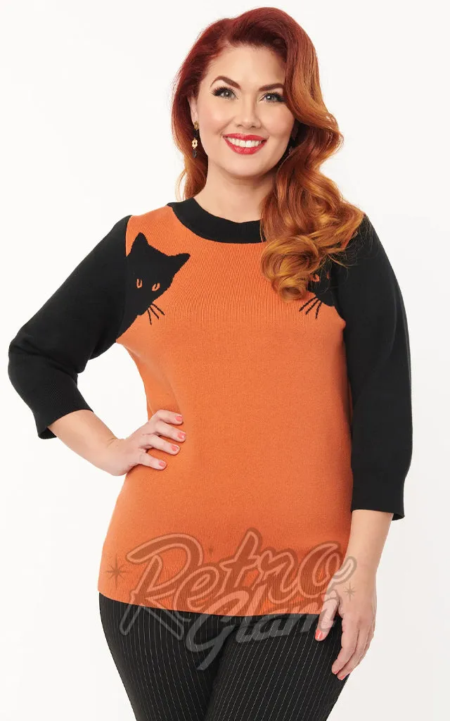 Unique Vintage Minou Orange Black Cat Sleeve Sweater - XL/1XL left only