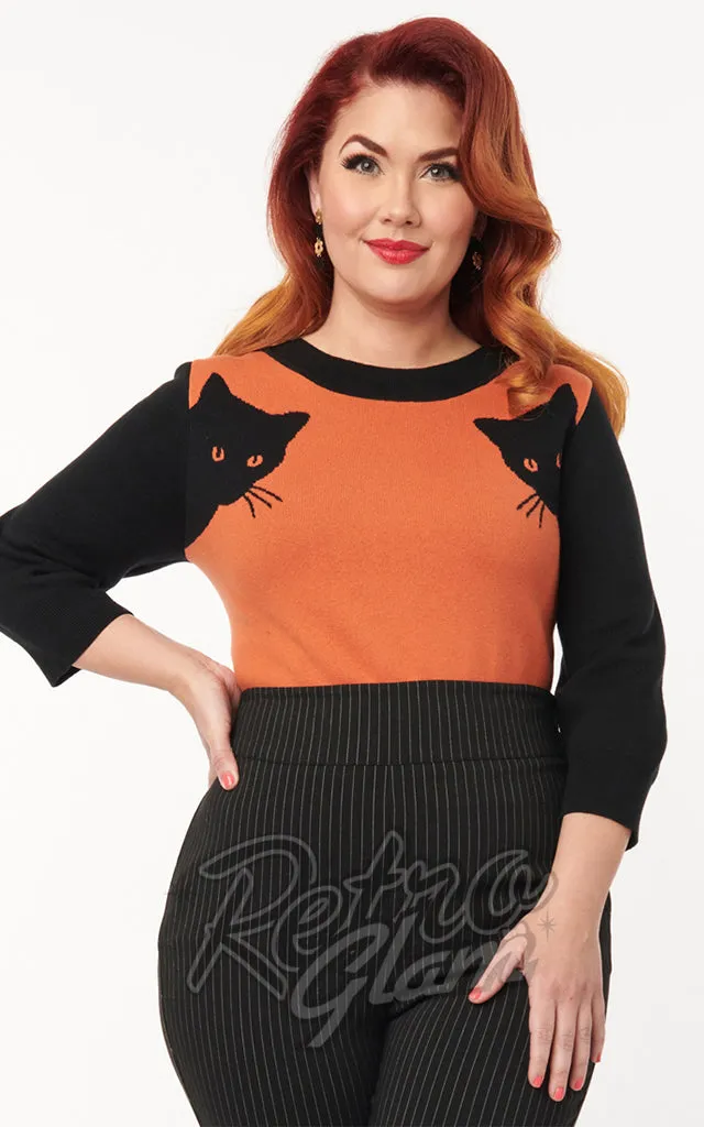 Unique Vintage Minou Orange Black Cat Sleeve Sweater - XL/1XL left only