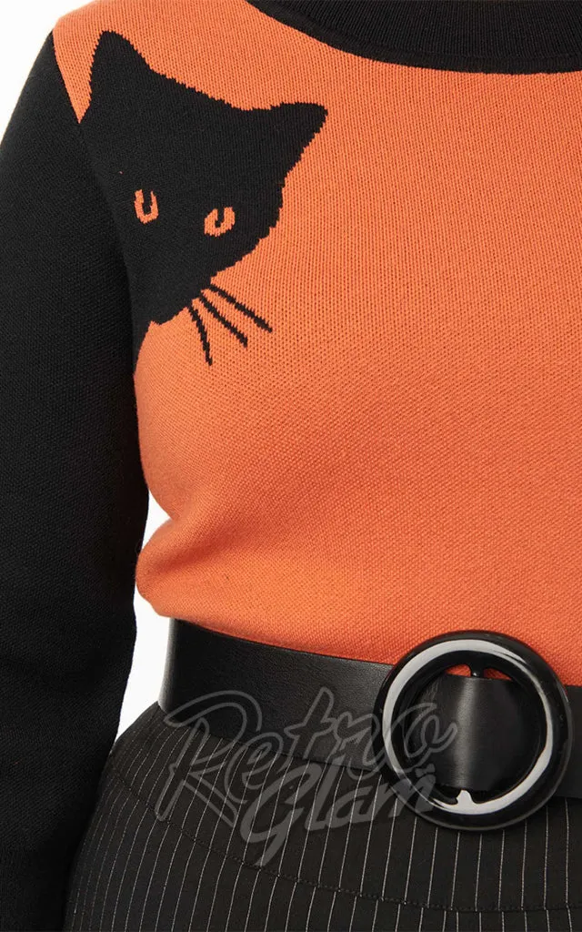 Unique Vintage Minou Orange Black Cat Sleeve Sweater - XL/1XL left only