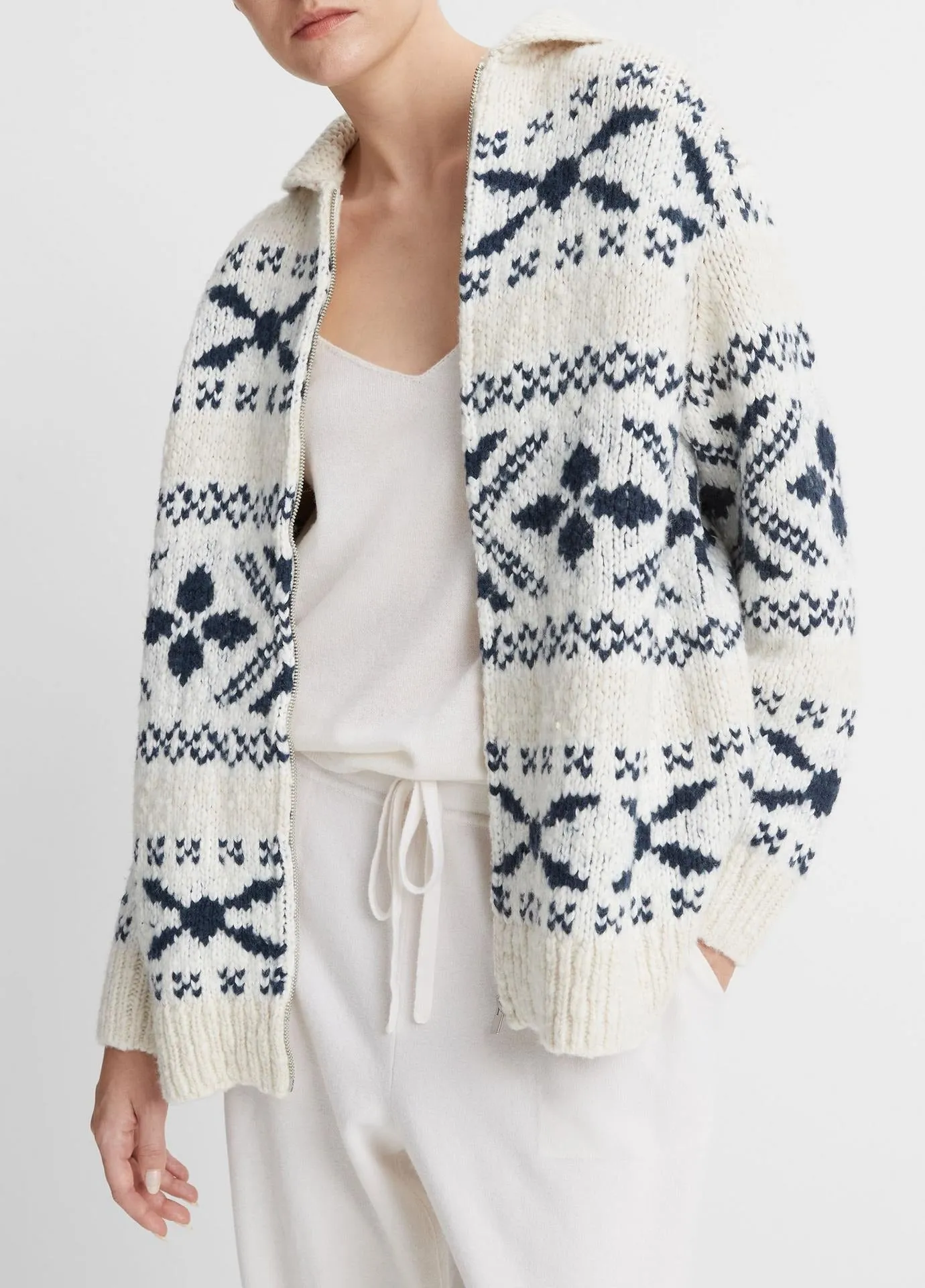 Vince Nordic Fair Isle Cardigan in Light White Sand/Washed Coastal