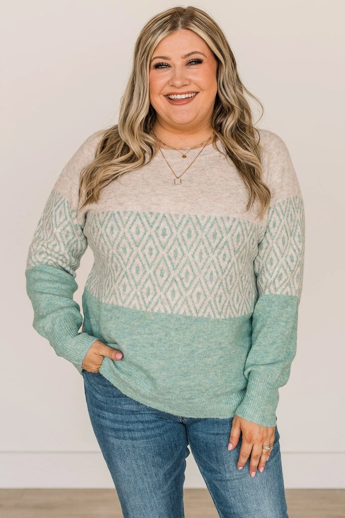 Warmest Greetings Color Block Sweater- Oatmeal & Mint Blue