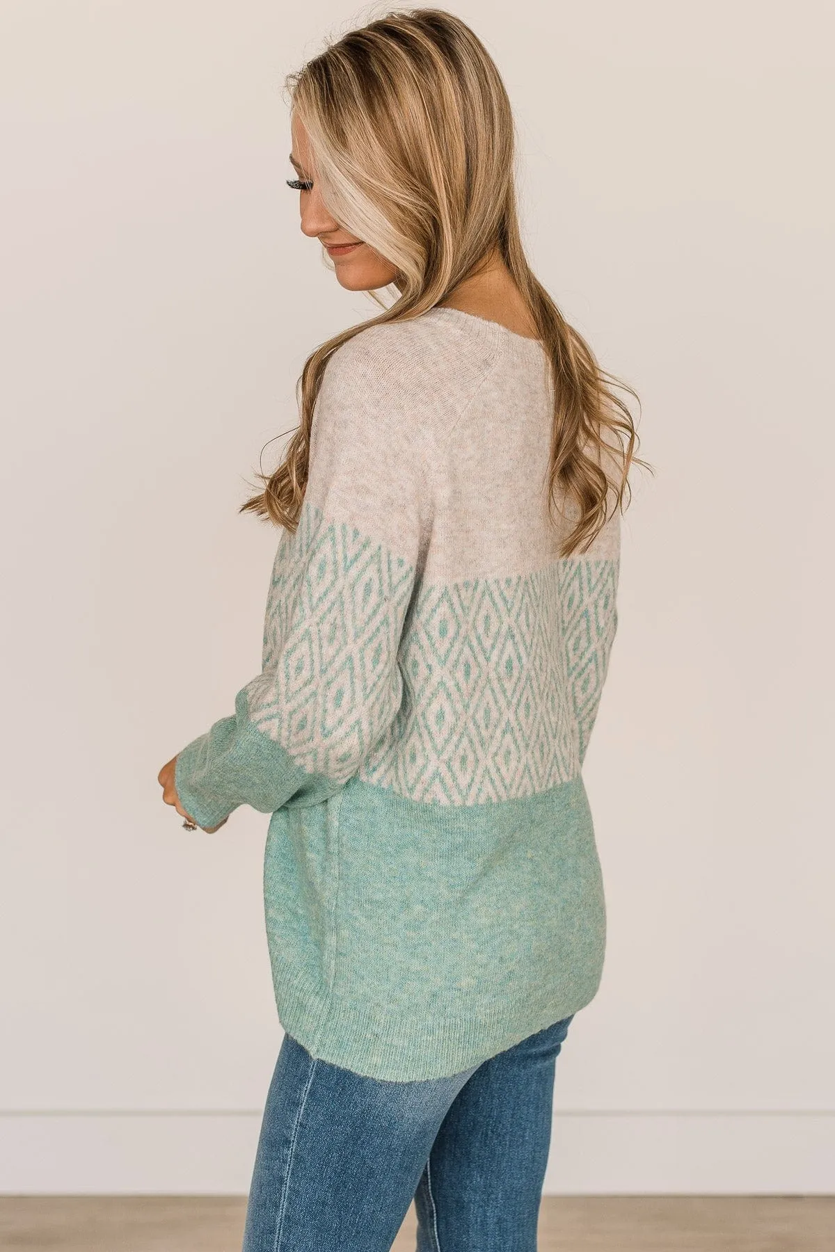 Warmest Greetings Color Block Sweater- Oatmeal & Mint Blue