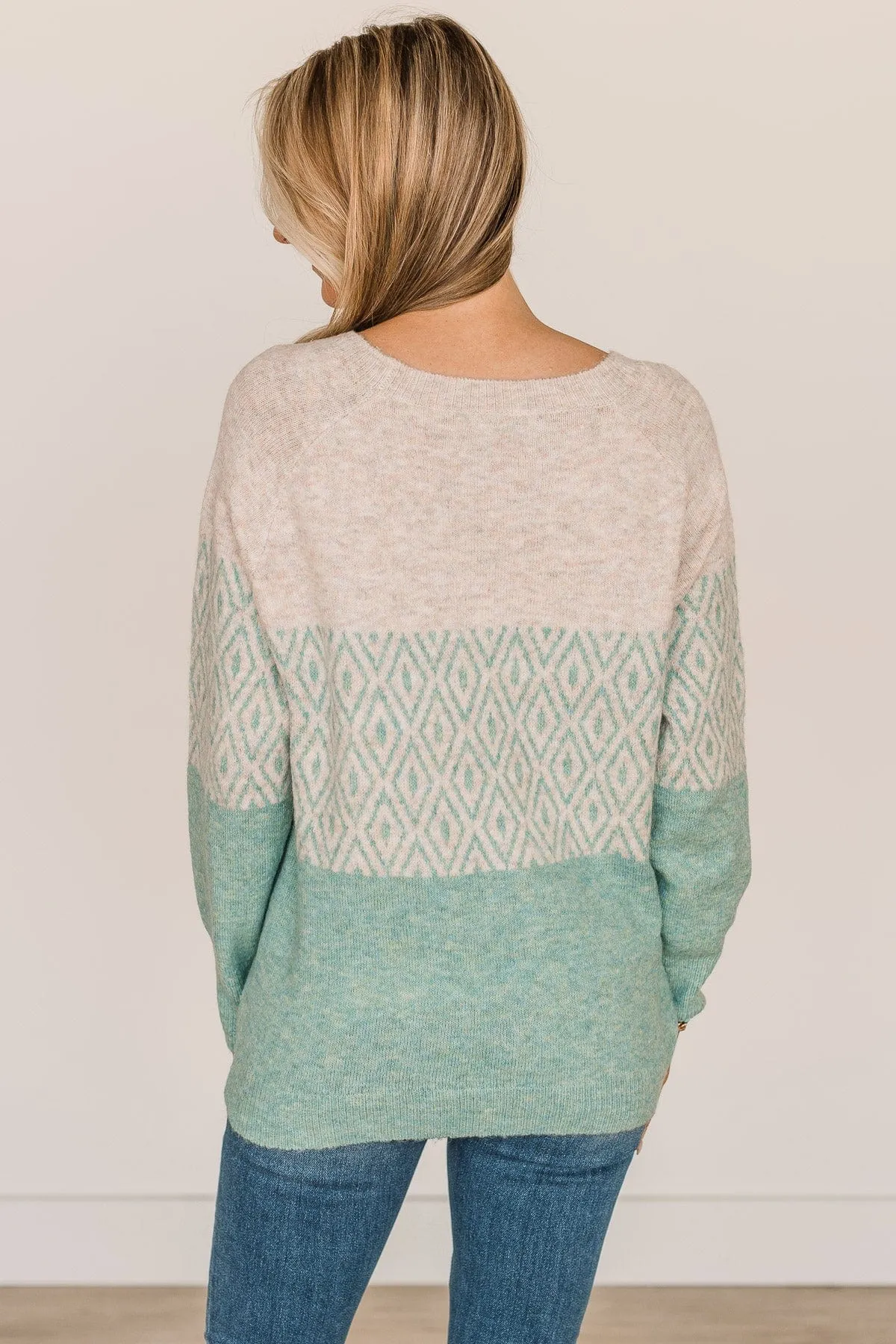 Warmest Greetings Color Block Sweater- Oatmeal & Mint Blue