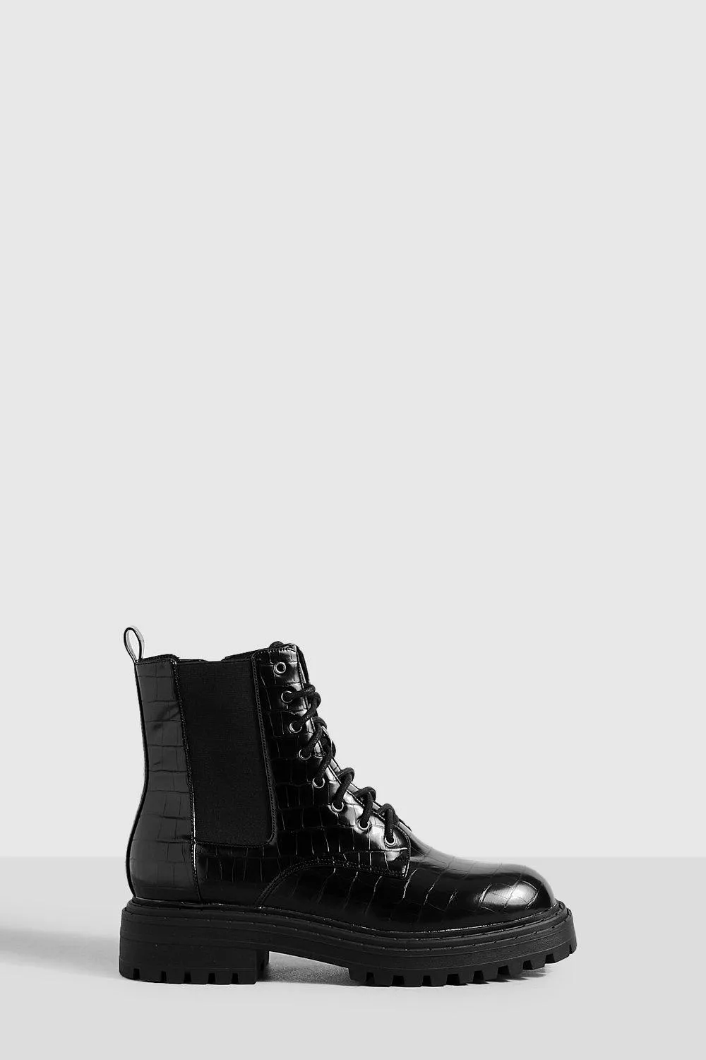 Wide Width Elastic Panel Chunky Lace Up Biker Boots