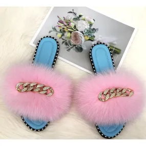 Women's Luxury Light Pink Color Fur Slide Fluffy Flip Flop Flat Slippers