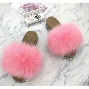 Women's Pink Summer Real Fur Rivets Platform Slides House Slippers