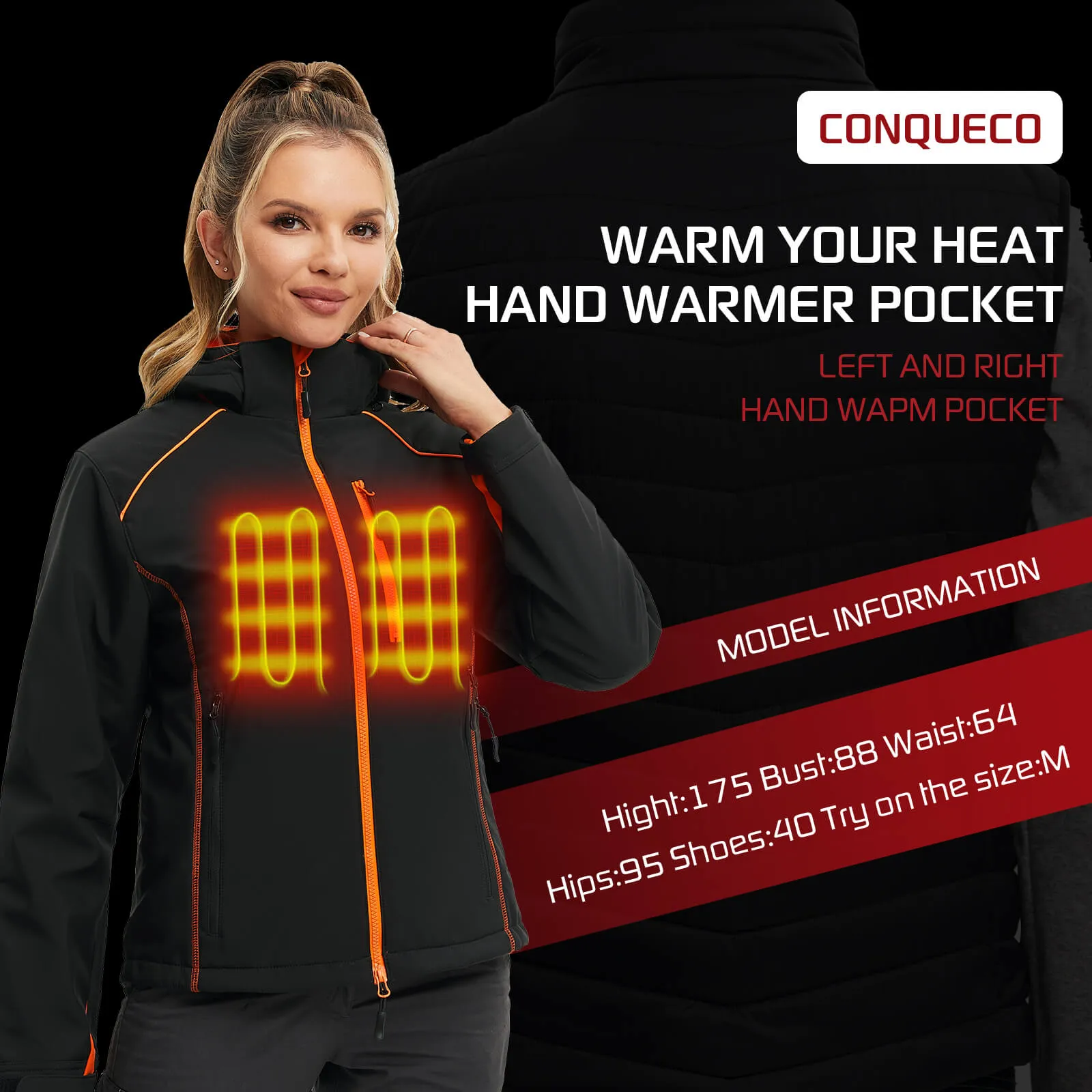 Women's Slim Fit Heated Hoodie Jacket-Orange&Black