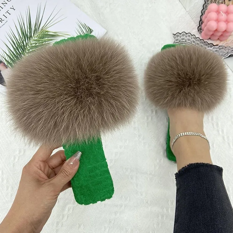 Women's Summer Brown Real Fur Slides Cotton Fluffy Flat House Slippers