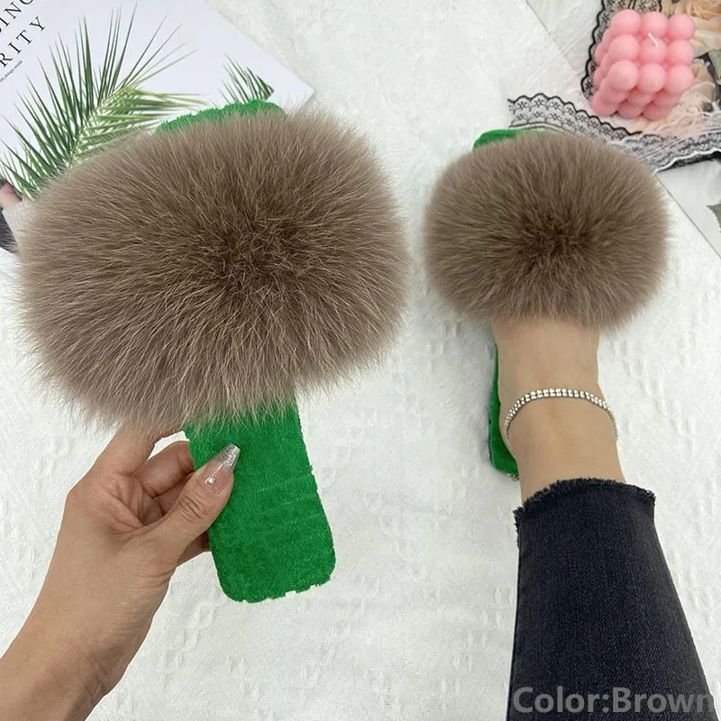 Women's Summer Brown Real Fur Slides Cotton Fluffy Flat House Slippers