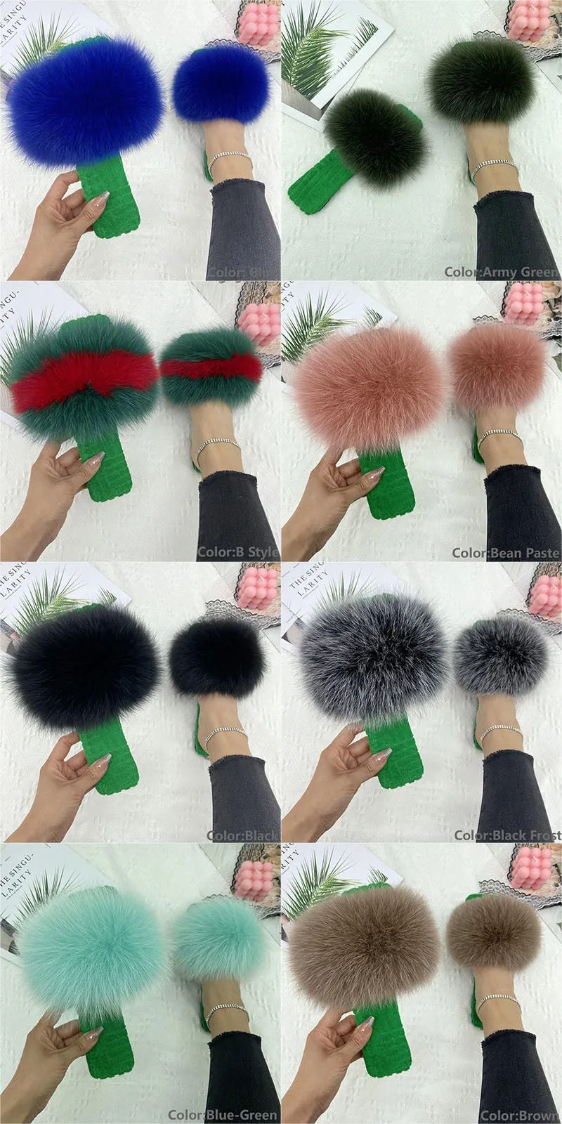 Women's Summer Brown Real Fur Slides Cotton Fluffy Flat House Slippers