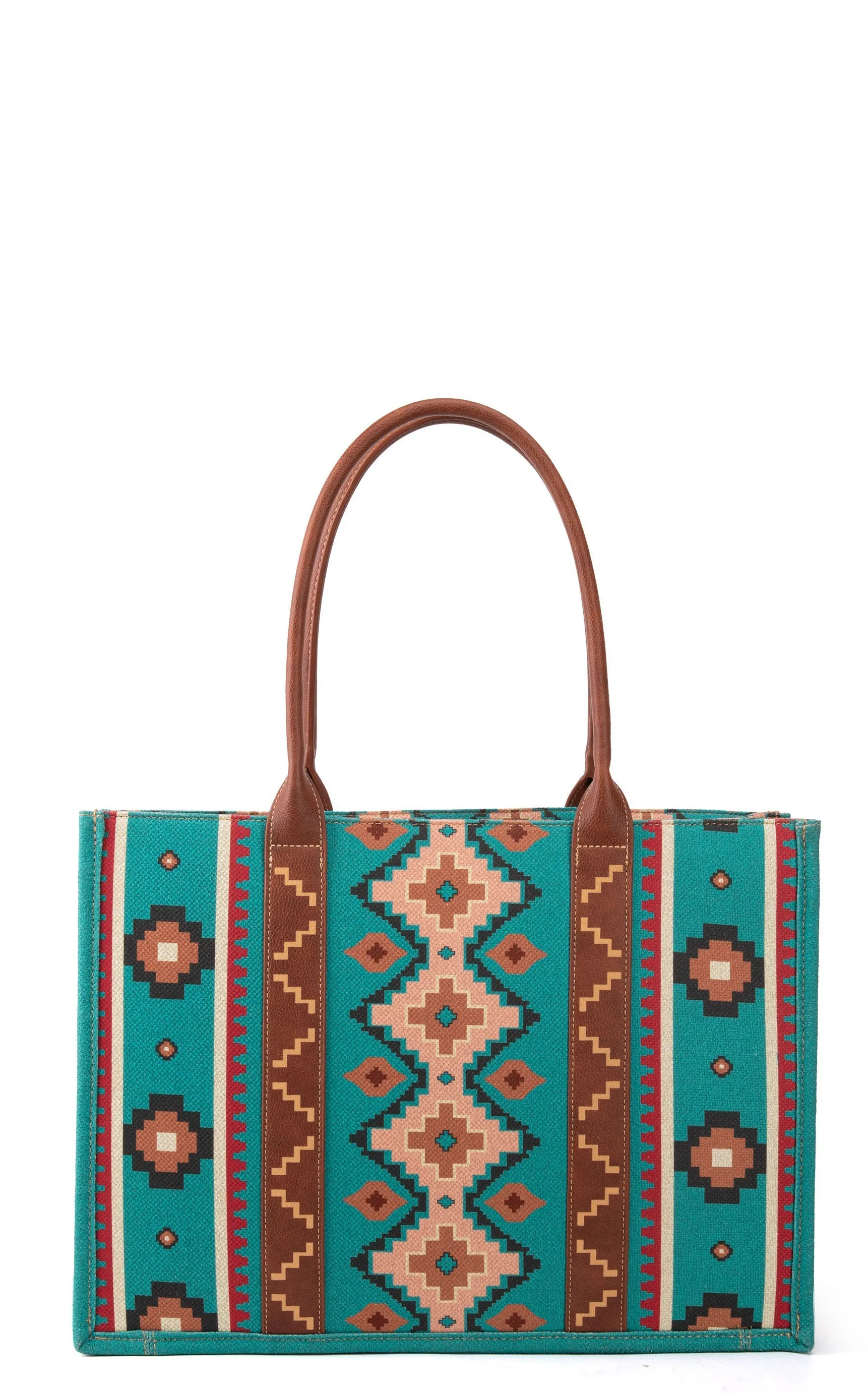 Wrangler Turquoise & Rich Aztec Print Canvas Leather Handled Tote Bag