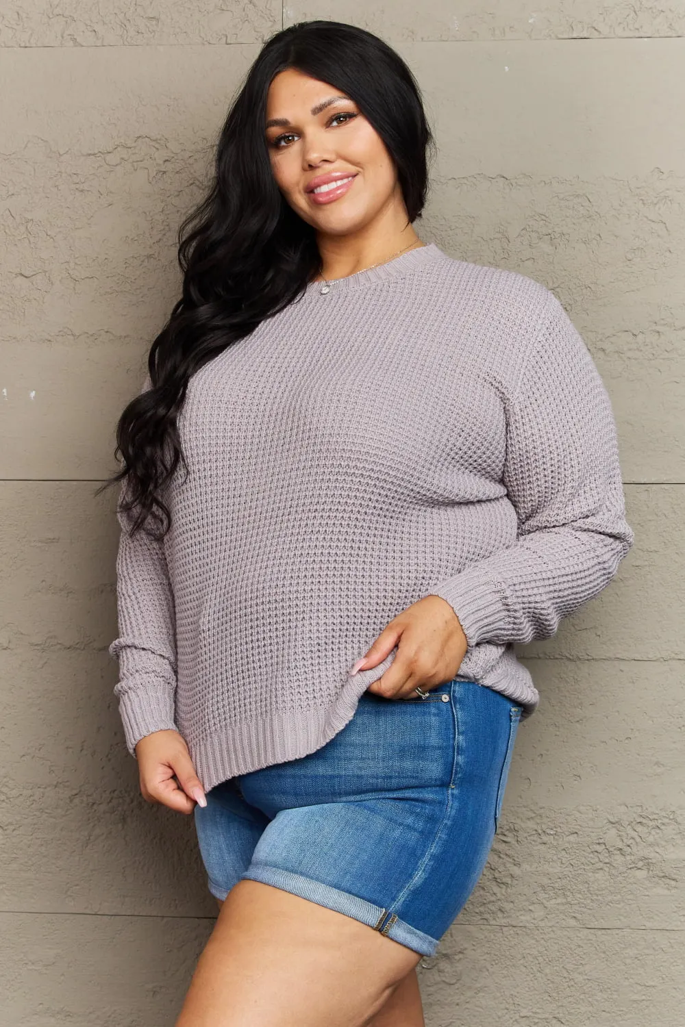 Zenana Breezy Days Plus Size High Low Waffle Knit Sweater